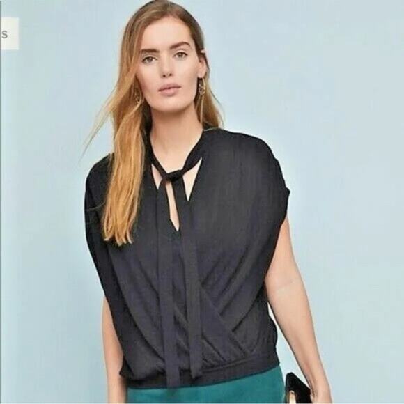 Anthropologie Rambuteau Black Knit Sleeveless Faux Wrap Tie Neck Sweater Large - Picture 1 of 6